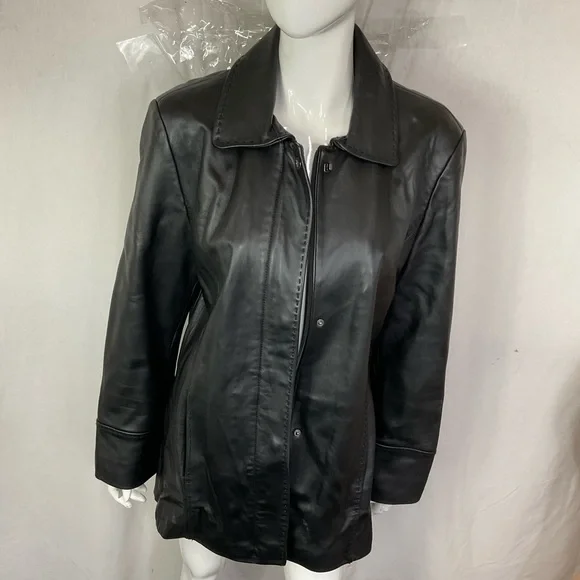 Calvin Klein Black Women's Snap Button Zip Genuine Leather Jacket Size L